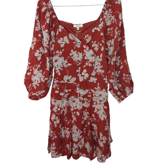 Easel Red Floral Dress Sweetheart Neckline Bubble Sleeve Ruched Bodice SZ L - Picture 4 of 13